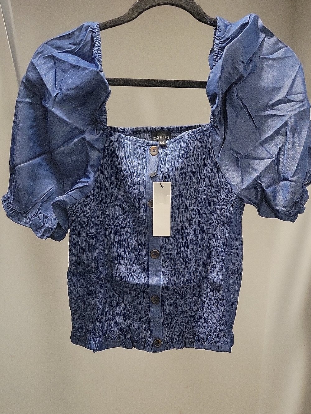 Blue Puff Sleeve Smocked Button-Front Top! Sz. 1x!